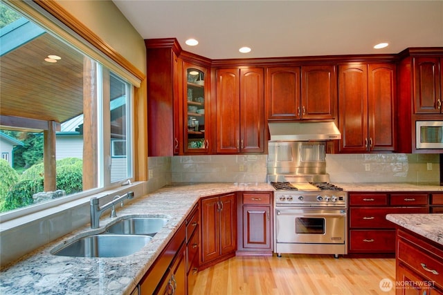 37938 Theo Ln, Concrete, WA 98237 - kitchen with appliances with stainless steel finishes, a sink, under cabinet range hood, dark brown cabinets, and light stone counters