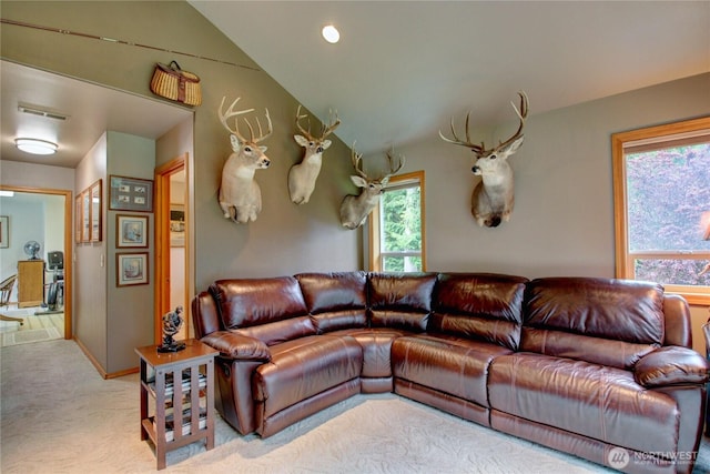 37938 Theo Ln, Concrete, WA 98237 - carpeted living room featuring vaulted ceiling and baseboards