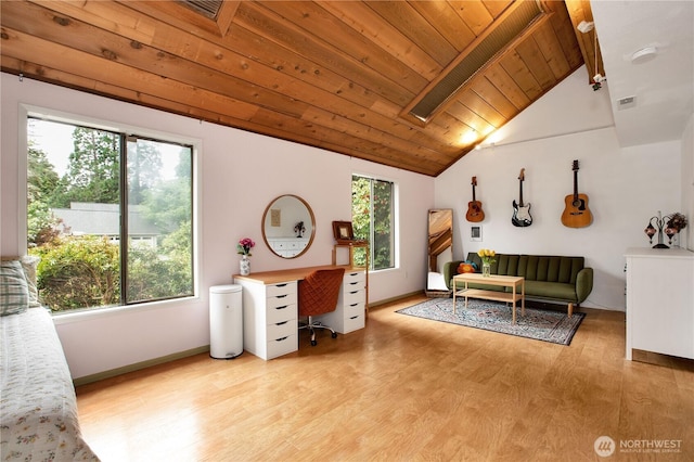 living room with healthy amount of natural light, light wood-type flooring, wood ceiling, and baseboards