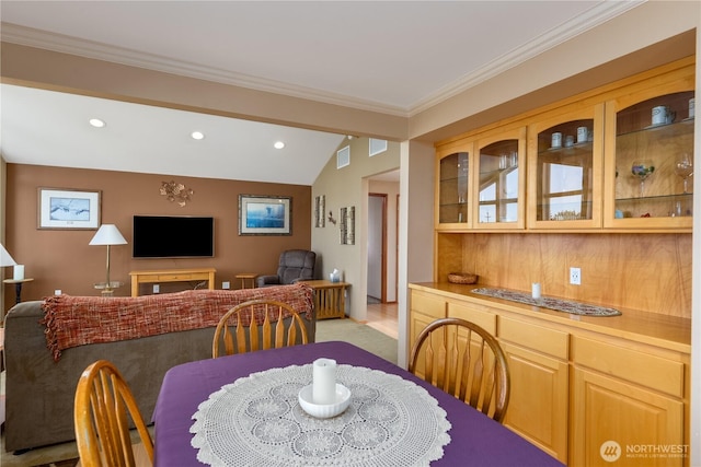 1815 E 4th St, Port Angeles, WA 98362 - dining area featuring lofted ceiling, recessed lighting, and crown molding