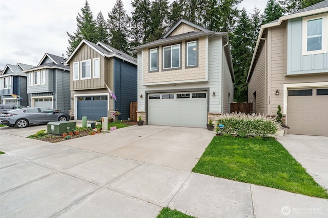 7135 S 13th St, Ridgefield, WA 98642 - view of front of house with stone siding, an attached garage, board and batten siding, and concrete driveway