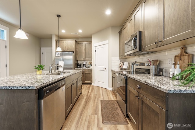 7135 S 13th St, Ridgefield, WA 98642 - kitchen with appliances with stainless steel finishes, a sink, light wood-type flooring, tasteful backsplash, and an island with sink