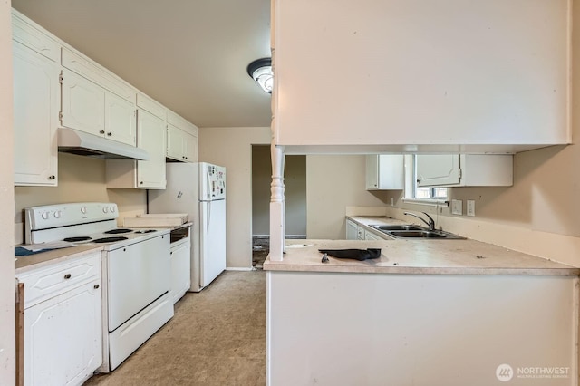 21502 38th Ave E, Spanaway, WA 98387 - kitchen featuring white appliances, under cabinet range hood, a sink, a peninsula, and light countertops