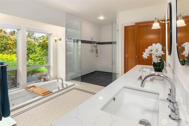 10611 NE 155th Pl, Bothell, WA 98011 - full bathroom featuring a stall shower, a whirlpool tub, double vanity, recessed lighting, and marble finish floors