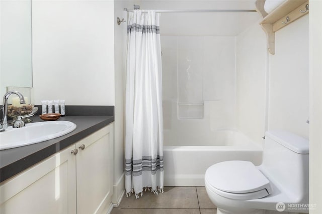 10611 NE 155th Pl, Bothell, WA 98011 - bathroom featuring toilet, vanity, shower / bath combo with shower curtain, and tile patterned floors