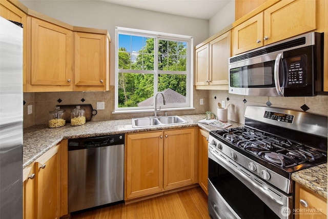 kitchen with appliances with stainless steel finishes, a sink, light wood-style floors, and backsplash