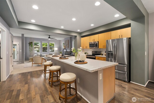 kitchen with appliances with stainless steel finishes, light brown cabinetry, open floor plan, a sink, and a breakfast bar area