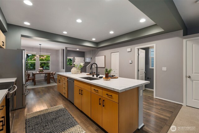 kitchen featuring a sink, stainless steel dishwasher, electric stove, dark wood-type flooring, and recessed lighting