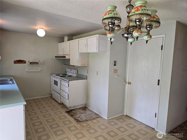 kitchen with white electric stove, exhaust hood, white cabinets, light floors, and a textured ceiling