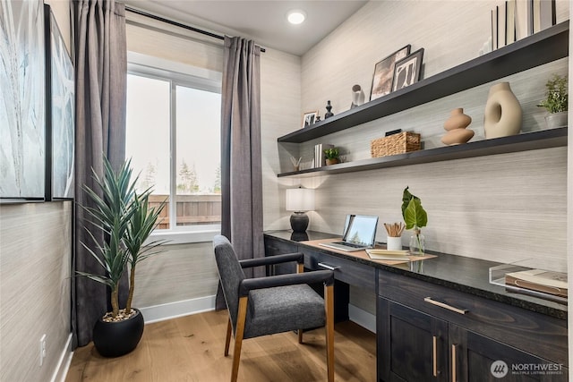 20304 154th St E Unit 15, Bonney Lake, WA 98391 - office area featuring healthy amount of natural light, baseboards, wood finished floors, recessed lighting, and built in study area