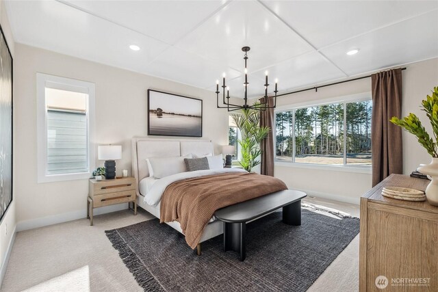 20304 154th St E Unit 15, Bonney Lake, WA 98391 - carpeted bedroom featuring baseboards, a chandelier, and recessed lighting