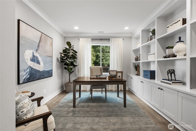 15321 204th Ave E Unit 56, Bonney Lake, WA 98391 - office featuring crown molding, dark wood-style flooring, baseboards, and recessed lighting