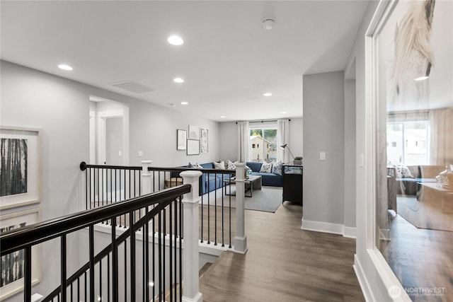 15321 204th Ave E Unit 56, Bonney Lake, WA 98391 - hall featuring an upstairs landing, wood finished floors, recessed lighting, and baseboards