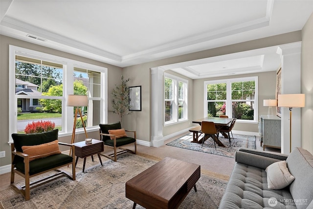living area featuring a raised ceiling, baseboards, and light carpet