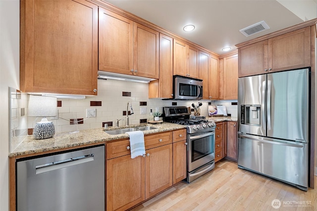 708 Market St Unit 409, Tacoma, WA 98402 - kitchen featuring stainless steel appliances, a sink, light wood-type flooring, light stone countertops, and backsplash