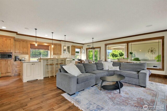 45 N Welcome Slough Rd, Cathlamet, WA 98612 - living area featuring light wood finished floors, ornamental molding, and recessed lighting