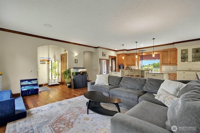 45 N Welcome Slough Rd, Cathlamet, WA 98612 - living area featuring arched walkways, light wood-type flooring, crown molding, and baseboards