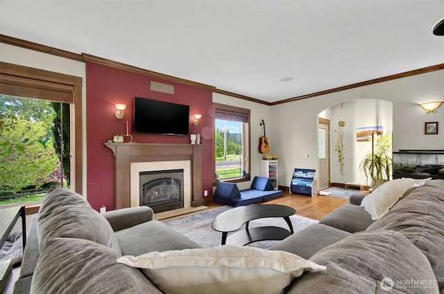45 N Welcome Slough Rd, Cathlamet, WA 98612 - living area with a fireplace with flush hearth, arched walkways, wood finished floors, ornamental molding, and baseboards