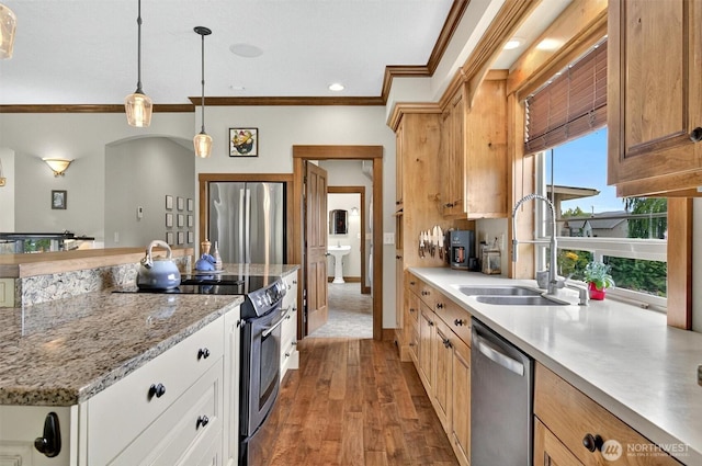 45 N Welcome Slough Rd, Cathlamet, WA 98612 - kitchen featuring appliances with stainless steel finishes, a sink, crown molding, wood finished floors, and hanging light fixtures