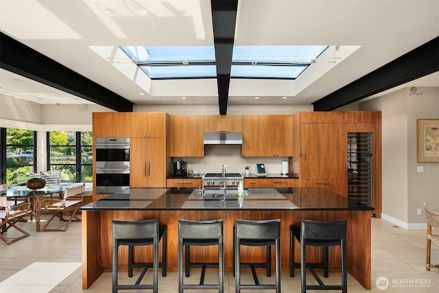 2821 Fairview Ave E Unit 5, Seattle, WA 98102 - kitchen with a skylight, under cabinet range hood, stainless steel double oven, a sink, and recessed lighting