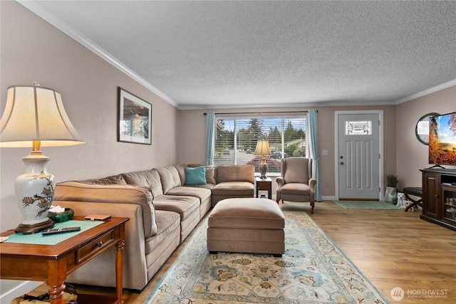2313 N 19th Pl, Mount Vernon, WA 98273 - living room featuring light wood finished floors, crown molding, a textured ceiling, and baseboards