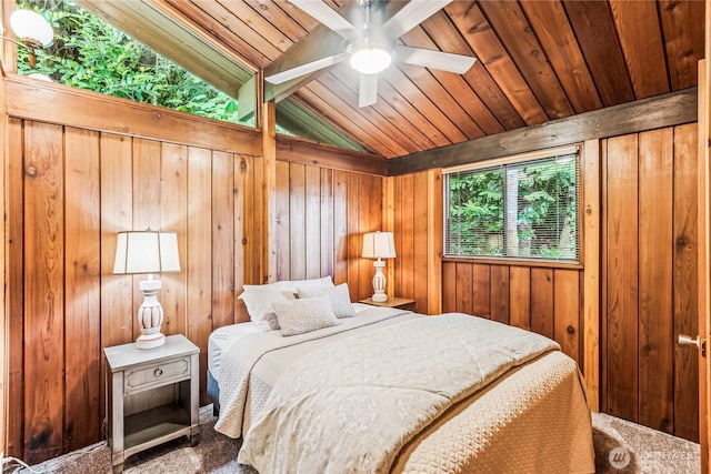 8310 E State Route 106, Union, WA 98592 - bedroom featuring carpet floors, wood walls, lofted ceiling, and wood ceiling