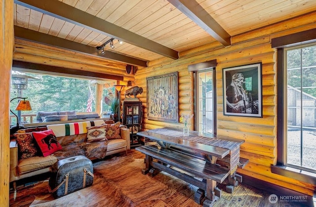 20 Skull Springs Rd, Cle Elum, WA 98922 - living room with beam ceiling, log walls, wood ceiling, and track lighting