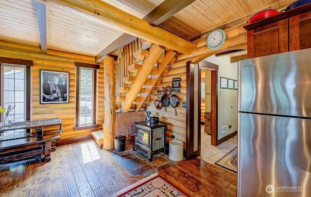 20 Skull Springs Rd, Cle Elum, WA 98922 - interior space with log walls, wooden ceiling, beamed ceiling, dark wood-type flooring, and a wood stove