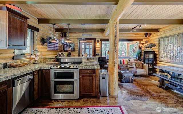 20 Skull Springs Rd, Cle Elum, WA 98922 - kitchen featuring appliances with stainless steel finishes, rustic walls, hardwood / wood-style floors, wood ceiling, and beamed ceiling