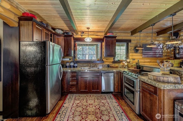 20 Skull Springs Rd, Cle Elum, WA 98922 - kitchen featuring appliances with stainless steel finishes, a sink, light wood-style floors, beam ceiling, and wooden ceiling