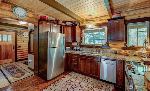 20 Skull Springs Rd, Cle Elum, WA 98922 - kitchen featuring appliances with stainless steel finishes, a sink, wooden ceiling, rustic walls, and plenty of natural light