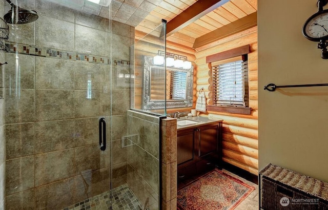 20 Skull Springs Rd, Cle Elum, WA 98922 - bathroom featuring rustic walls, a shower stall, wood ceiling, beamed ceiling, and vanity