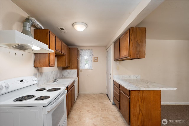 766 120th St S Unit A & B, Tacoma, WA 98444 - kitchen with white appliances, brown cabinets, ventilation hood, light countertops, and a sink