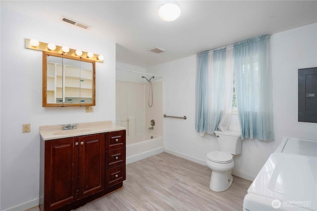766 120th St S Unit A & B, Tacoma, WA 98444 - bathroom featuring electric panel, vanity, baseboards, wood finished floors, and toilet
