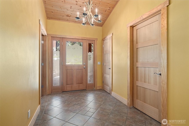 2677 Sumac Ln, Leavenworth, WA 98826 - foyer entrance with wooden ceiling, a chandelier, baseboards, and lofted ceiling