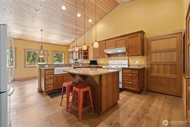 2677 Sumac Ln, Leavenworth, WA 98826 - kitchen featuring electric range, brown cabinets, a sink, wood ceiling, and a peninsula