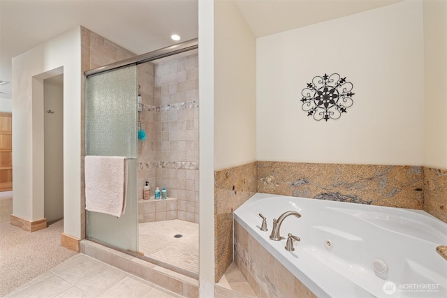 2677 Sumac Ln, Leavenworth, WA 98826 - full bath with a shower stall, a jetted tub, recessed lighting, and tile patterned flooring