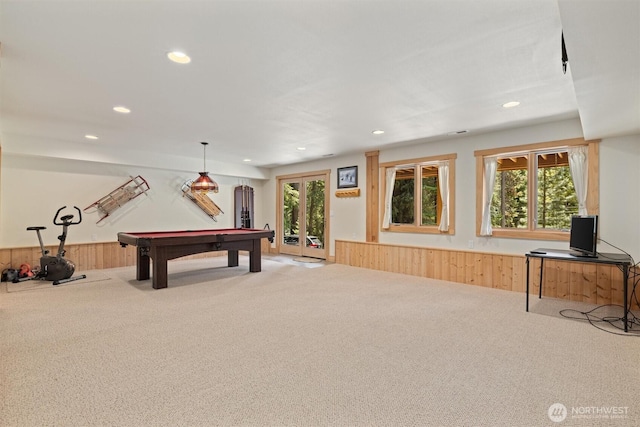 2677 Sumac Ln, Leavenworth, WA 98826 - recreation room featuring wooden walls, carpet, recessed lighting, wainscoting, and pool table