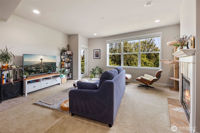 1000 Cabin Creek Ln SW Unit C204, Issaquah, WA 98027 - living area with carpet flooring, a fireplace, recessed lighting, and baseboards