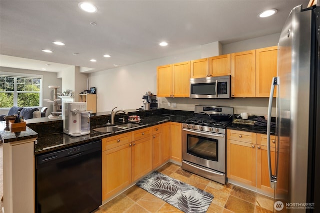1000 Cabin Creek Ln SW Unit C204, Issaquah, WA 98027 - kitchen with stainless steel appliances, a sink, a peninsula, recessed lighting, and dark stone countertops