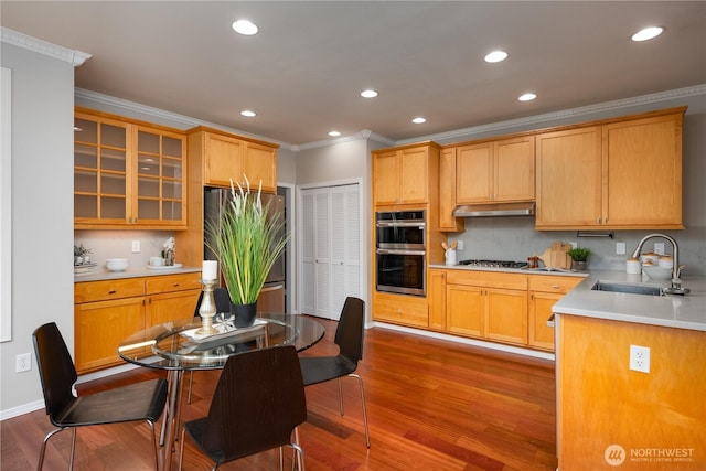 9702 S 230th Pl, Kent, WA 98031 - kitchen featuring a sink, appliances with stainless steel finishes, crown molding, under cabinet range hood, and backsplash