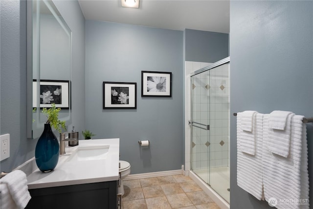 9702 S 230th Pl, Kent, WA 98031 - full bath with a stall shower, baseboards, vanity, and toilet