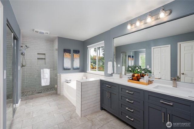 9702 S 230th Pl, Kent, WA 98031 - full bathroom featuring a stall shower, a bath, double vanity, and tile patterned floors