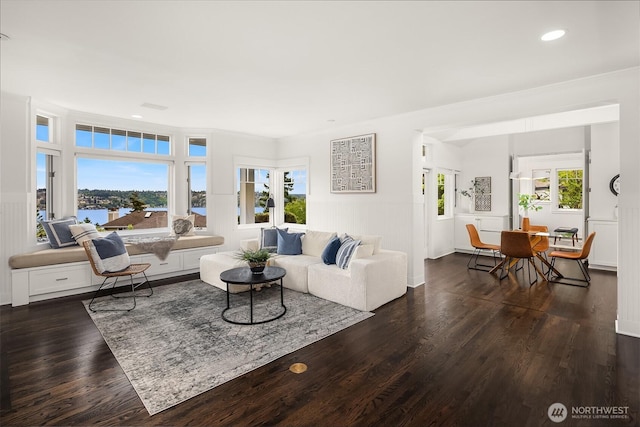 7934 Lake View Ln, Mercer Island, WA 98040 - living area featuring wood finished floors, recessed lighting, and a water view