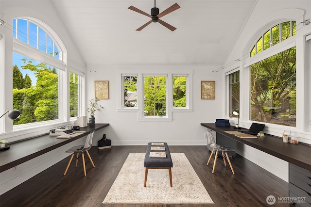 7934 Lake View Ln, Mercer Island, WA 98040 - office featuring ceiling fan, dark wood-style flooring, baseboards, and high vaulted ceiling
