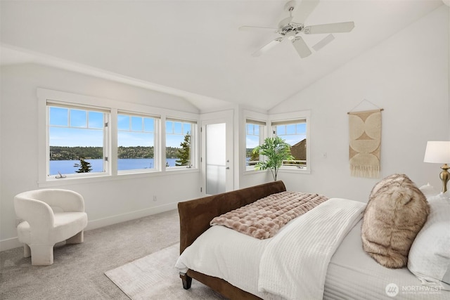 7934 Lake View Ln, Mercer Island, WA 98040 - bedroom featuring carpet, baseboards, vaulted ceiling, and a ceiling fan