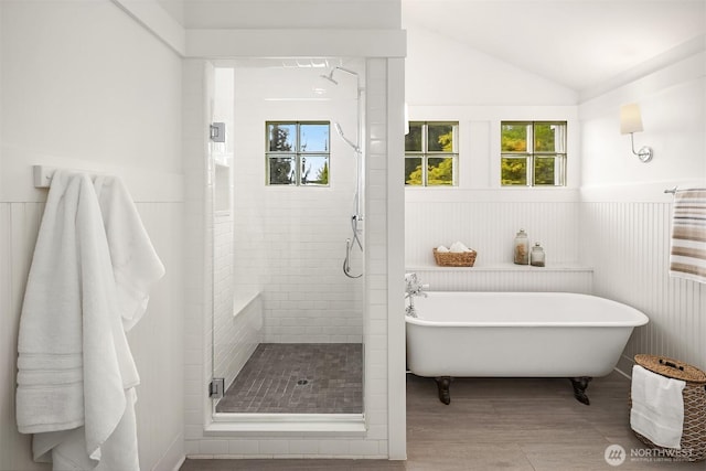 7934 Lake View Ln, Mercer Island, WA 98040 - full bathroom with wainscoting, a shower stall, a freestanding bath, and lofted ceiling