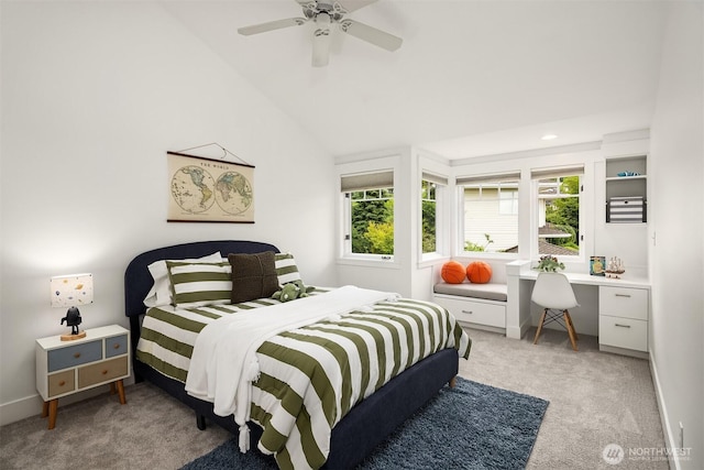 7934 Lake View Ln, Mercer Island, WA 98040 - bedroom with light carpet, ceiling fan, recessed lighting, vaulted ceiling, and baseboards