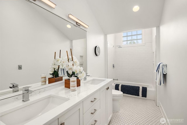 7934 Lake View Ln, Mercer Island, WA 98040 - full bathroom with toilet, double vanity, shower / tub combination, recessed lighting, and lofted ceiling