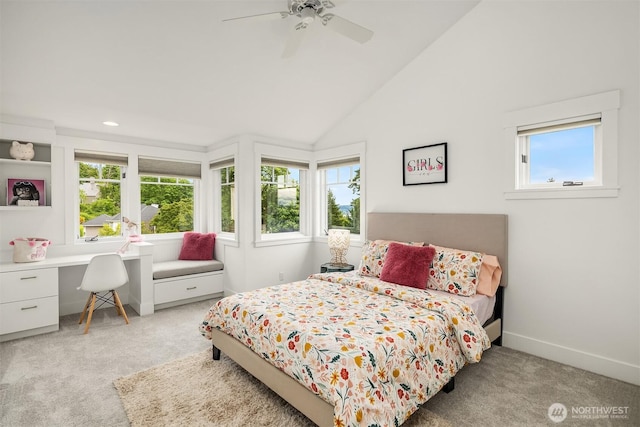7934 Lake View Ln, Mercer Island, WA 98040 - carpeted bedroom featuring multiple windows, lofted ceiling, baseboards, an office area, and ceiling fan